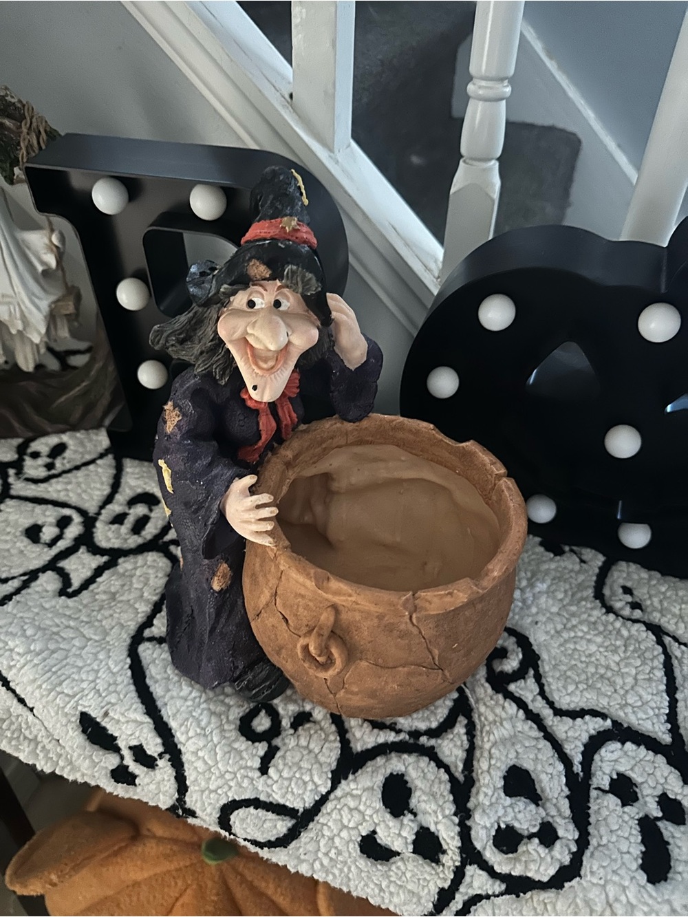 Vintage Style Halloween Witch with Cauldron Candy Dish Planter Decor